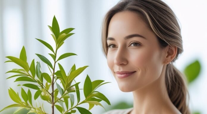 Lemon Myrtle for Hormonal Balance and PMS Relief Woman holding lemon mrytle branch