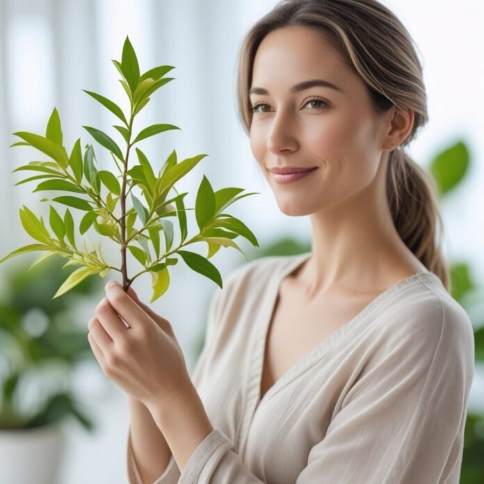 v2-v67la-j6e6j Woman holding lemon mrytle branch