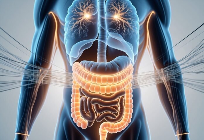 v2-v9imv-4b0h8 Illustration of gut-brain connection showing digestive system and neural pathways in the human body