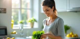 How to Lose Weight Naturally: 15 Proven Tips for Sustainable Results Woman preparing healthy vegetables and fruits in a kitchen as part of how to lose weight naturally routine.
