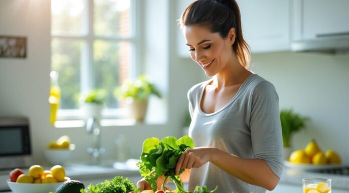 How to Lose Weight Naturally: 15 Proven Tips for Sustainable Results Woman preparing healthy vegetables and fruits in a kitchen as part of how to lose weight naturally routine.