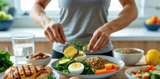 How Protein Helps With Weight Loss protein for weight loss with grilled chicken, eggs, yogurt, and almonds on a kitchen table.