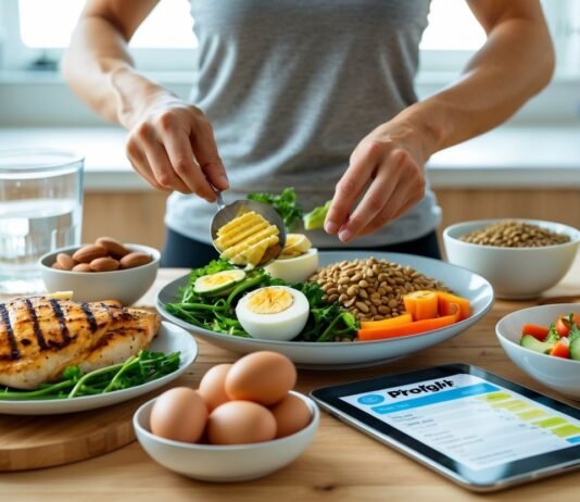 How Protein Helps With Weight Loss protein for weight loss with grilled chicken, eggs, yogurt, and almonds on a kitchen table.