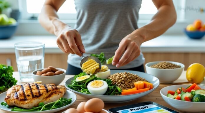 How Protein Helps With Weight Loss protein for weight loss with grilled chicken, eggs, yogurt, and almonds on a kitchen table.