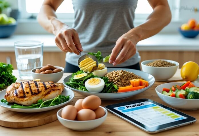 v2-v9xp4-kkjwj protein for weight loss with grilled chicken, eggs, yogurt, and almonds on a kitchen table.