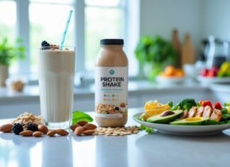 Shakes vs Real Food: Which Offers Better Nutrition? Protein shake vs real food for weight loss comparison with a smoothie, nuts, and a healthy meal plate.