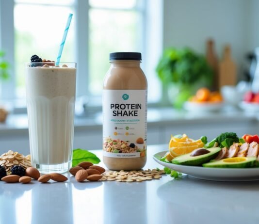Shakes vs Real Food: Which Offers Better Nutrition? Protein shake vs real food for weight loss comparison with a smoothie, nuts, and a healthy meal plate.