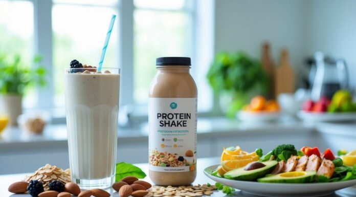 Shakes vs Real Food: Which Offers Better Nutrition? Protein shake vs real food for weight loss comparison with a smoothie, nuts, and a healthy meal plate.