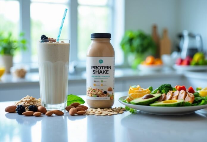 v2-v9y30-j476p Protein shake vs real food for weight loss comparison with a smoothie, nuts, and a healthy meal plate.