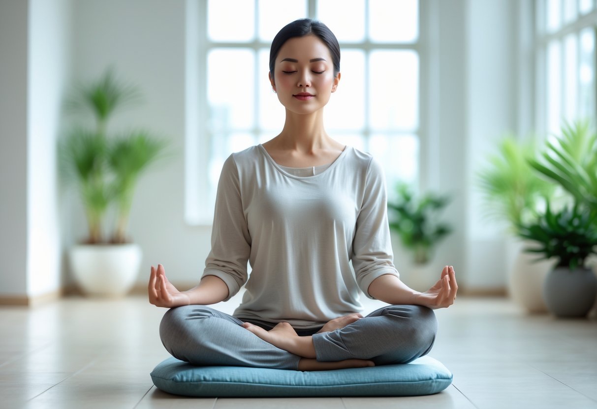 A person sitting cross-legged on a cushion with eyes closed, meditating peacefully in a bright room with plants.