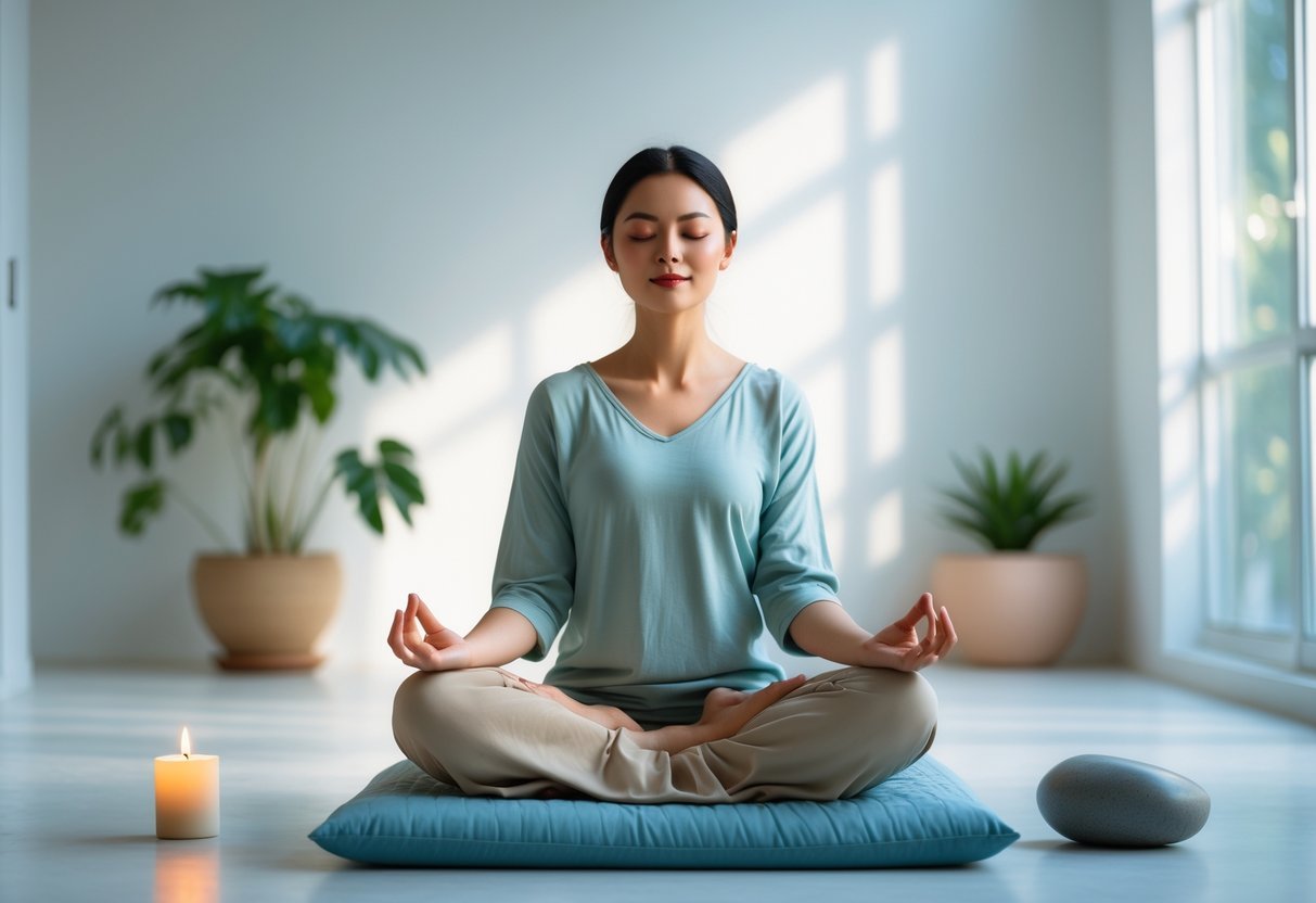 A person sitting cross-legged on a cushion meditating indoors with natural light and calming objects around them.