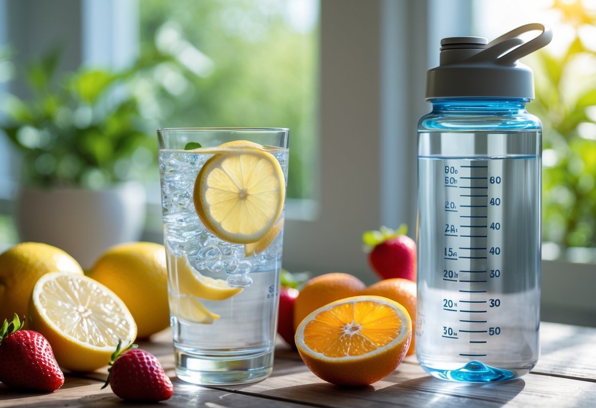 A glass of water on a wooden table surrounded by fresh fruits and a reusable water bottle with greenery in the background.