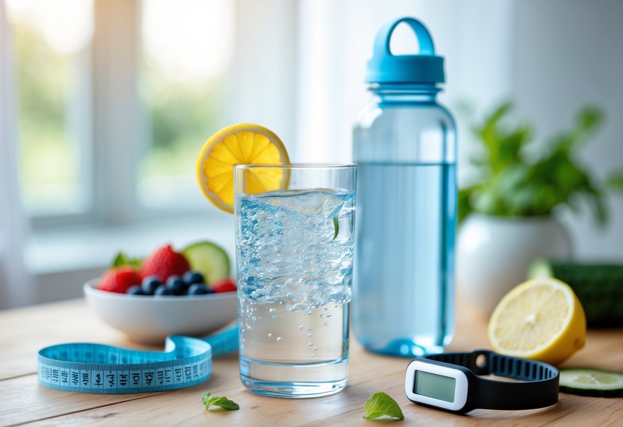 A glass of water on a wooden table next to a water bottle, lemon slice, measuring tape, fitness tracker, and fresh fruits.