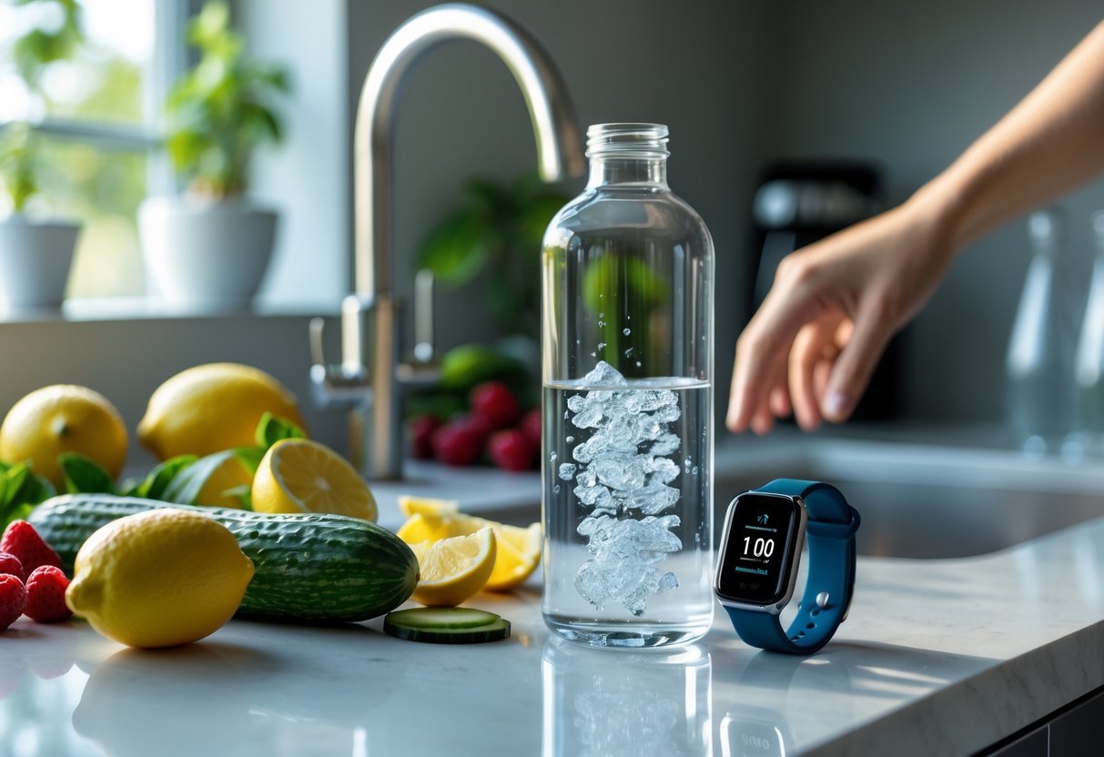 A glass water bottle on a kitchen counter with fresh fruits nearby and a person’s hand reaching for the bottle.