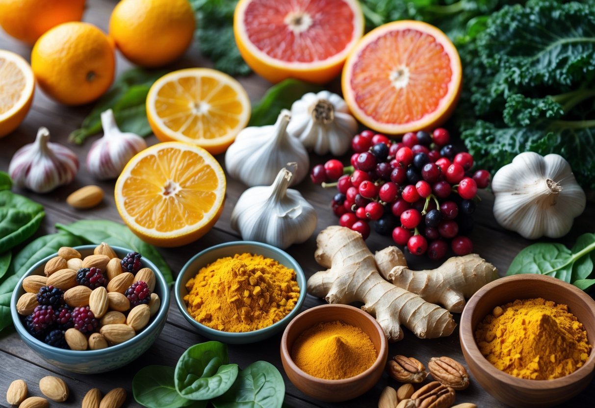 A variety of fresh fruits, vegetables, nuts, and spices known to boost the immune system arranged on a wooden table.