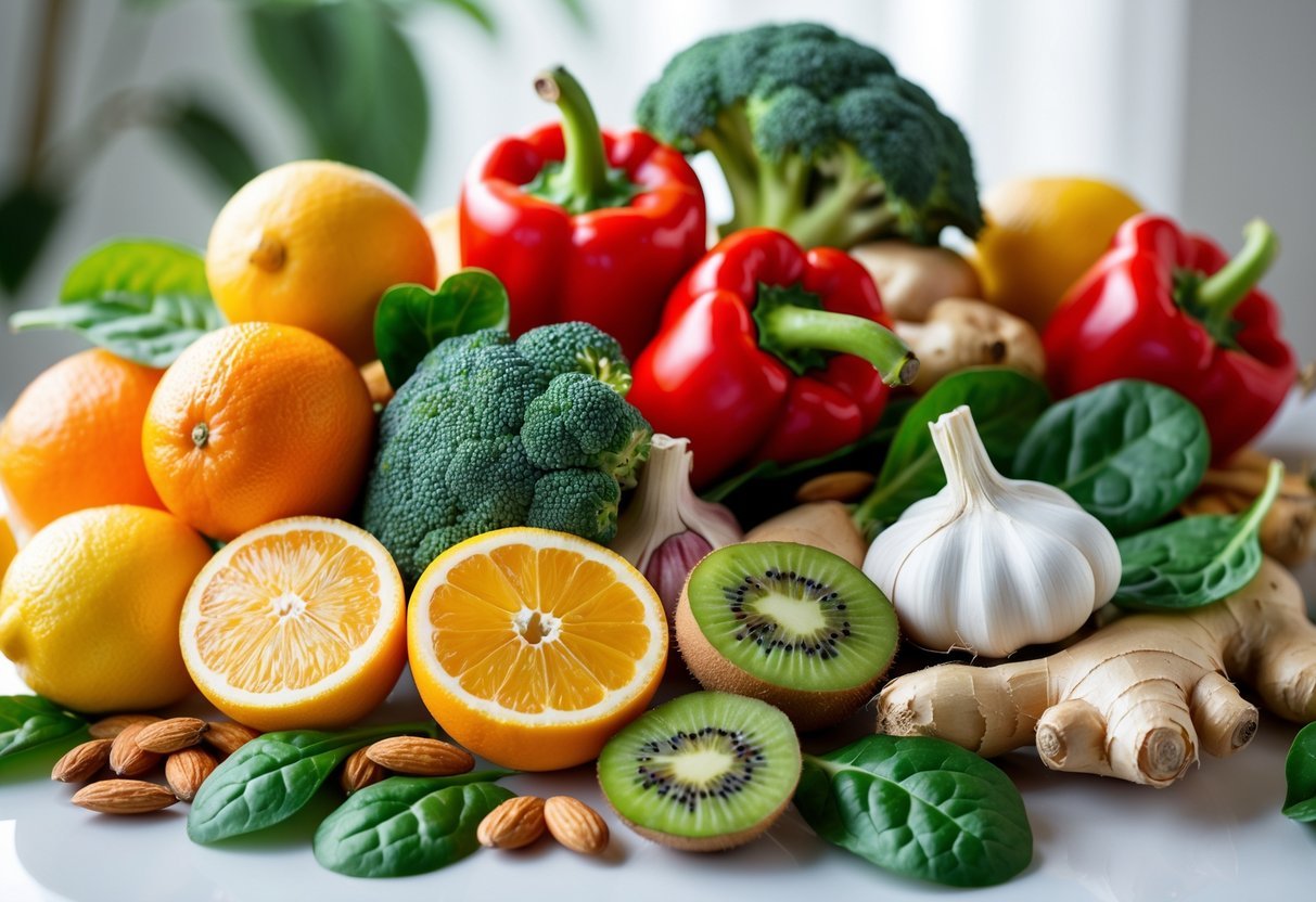 An assortment of fresh fruits, vegetables, nuts, and herbs arranged on a white surface, including oranges, lemons, red bell peppers, broccoli, garlic, ginger, spinach, and almonds.