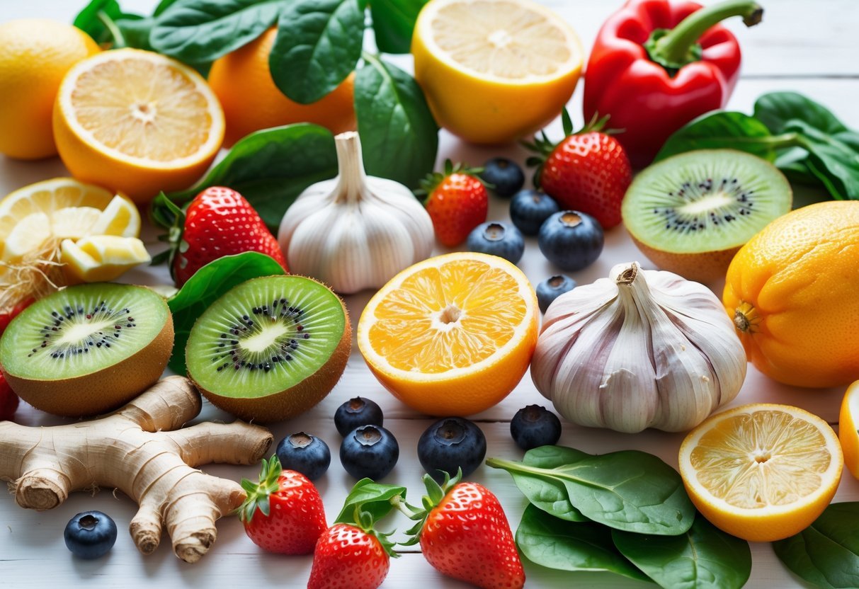 A selection of fresh fruits, vegetables, nuts, and herbs known to boost the immune system arranged on a white wooden surface.