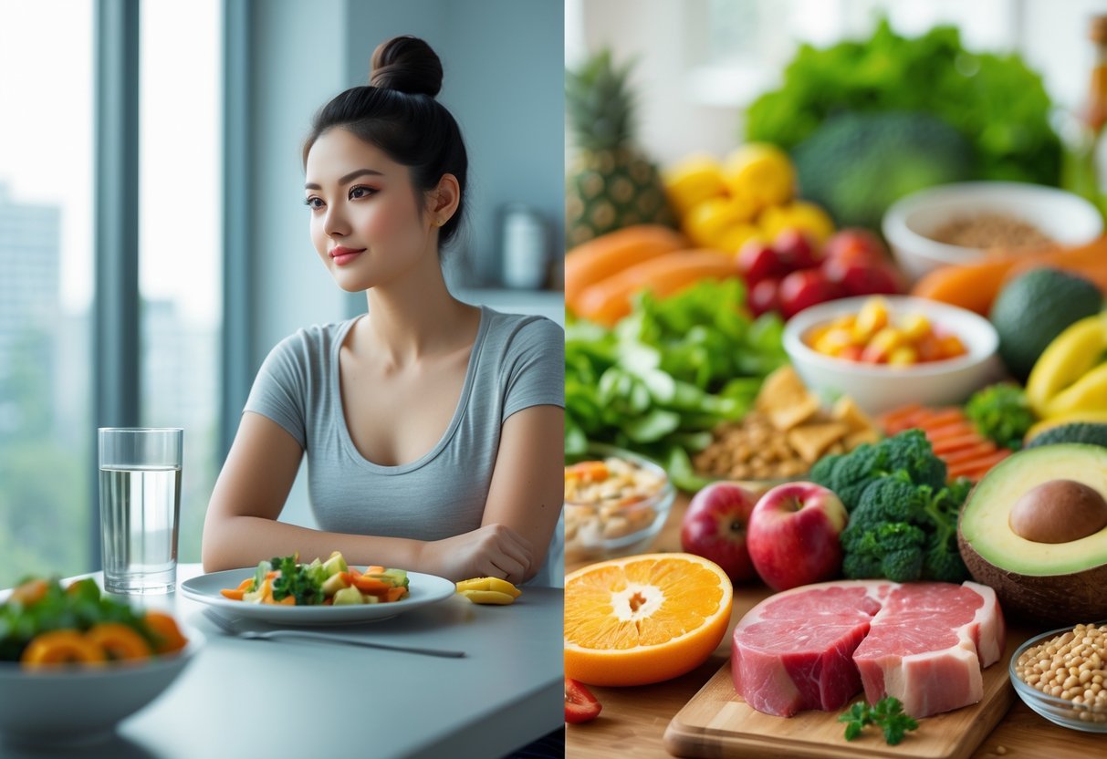 A split image showing a woman practicing intermittent fasting on one side and a table with various healthy traditional diet foods on the other side.