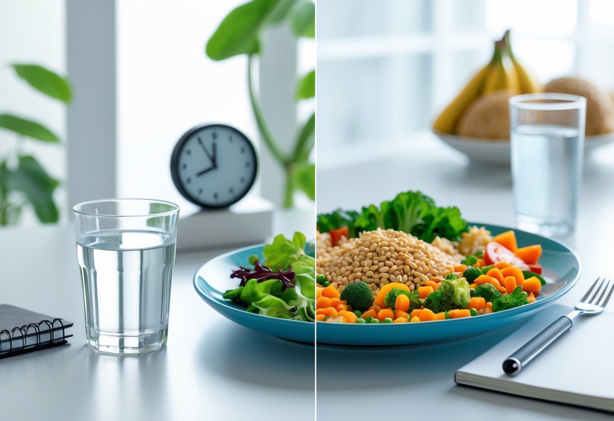 A split scene showing a glass of water and a clock on one side, and a plate of balanced food on the other, representing intermittent fasting and traditional diets.