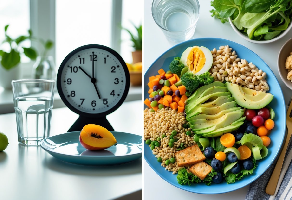 A split image showing a clock and a small plate with fruit on one side, and a colorful plate of balanced food on the other side.