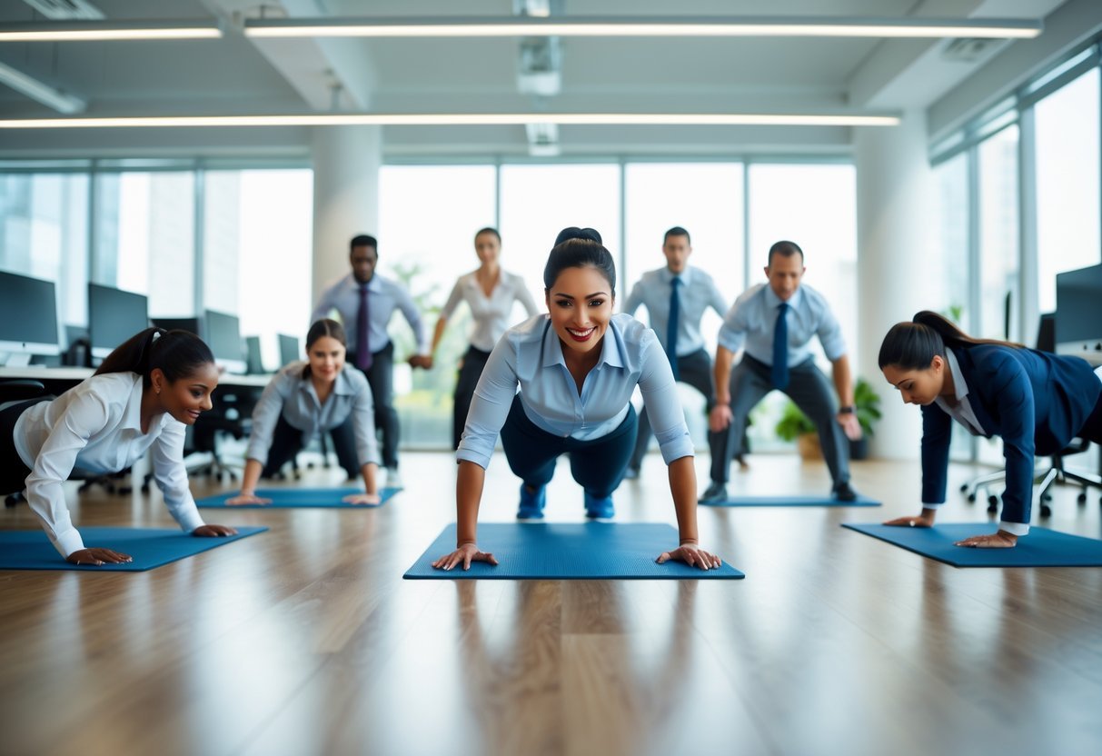 A group of professionals exercising with bodyweight workouts in a bright office space.