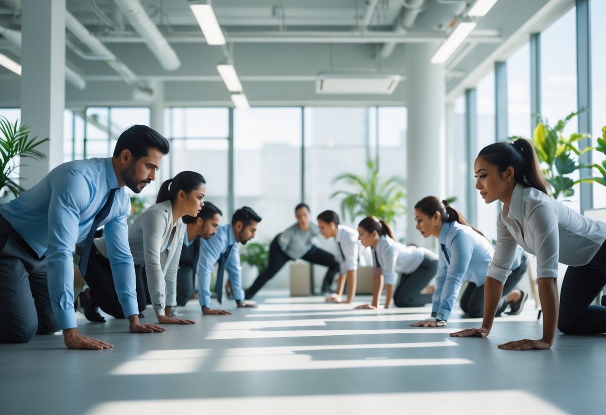 A group of professionals doing bodyweight exercises like push-ups and squats in a bright office space.