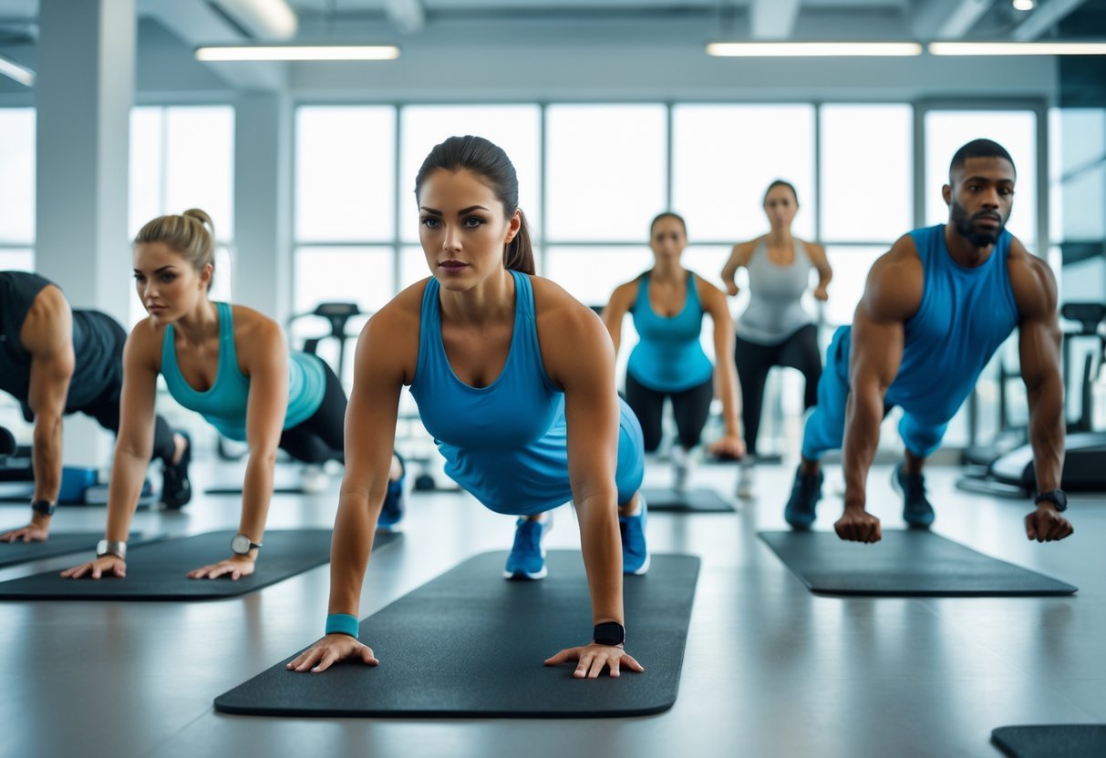 A group of professionals exercising with bodyweight moves like push-ups, planks, squats, and lunges in a modern office gym.