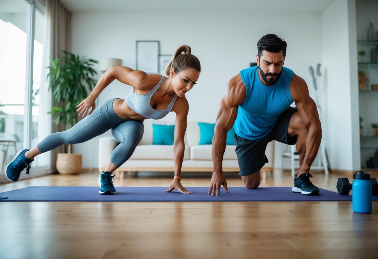 A man and woman doing intense home workouts in a bright living room with exercise equipment nearby.
