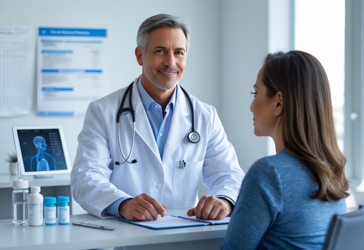 A healthcare professional in a white coat talks with a woman in a medical office with health charts and medication bottles visible.