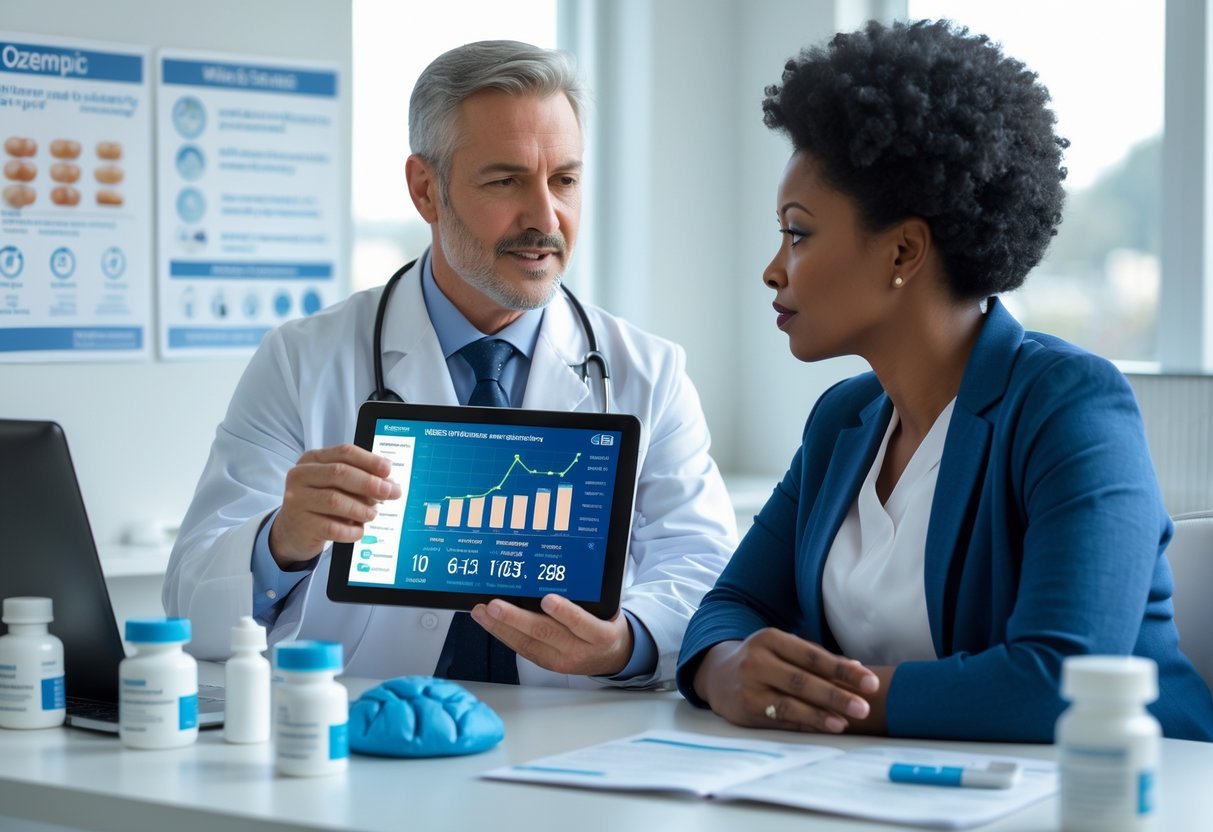 A doctor explains weight loss medication to a patient in a bright medical office with health charts and medication bottles on the desk.