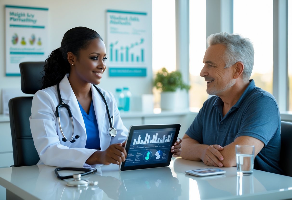 A female doctor consulting with a middle-aged patient in a bright clinic office, discussing health information with medical items on the desk.
