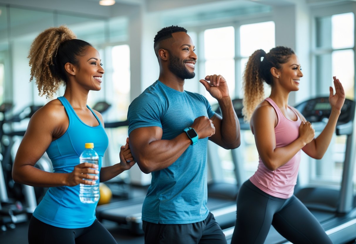 Three smiling adults in athletic clothing in a bright gym, showing positive energy and fitness progress.