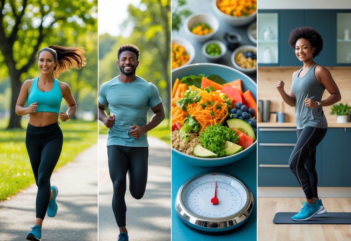 A group of diverse people exercising, preparing healthy food, and smiling, showing successful weight loss activities.