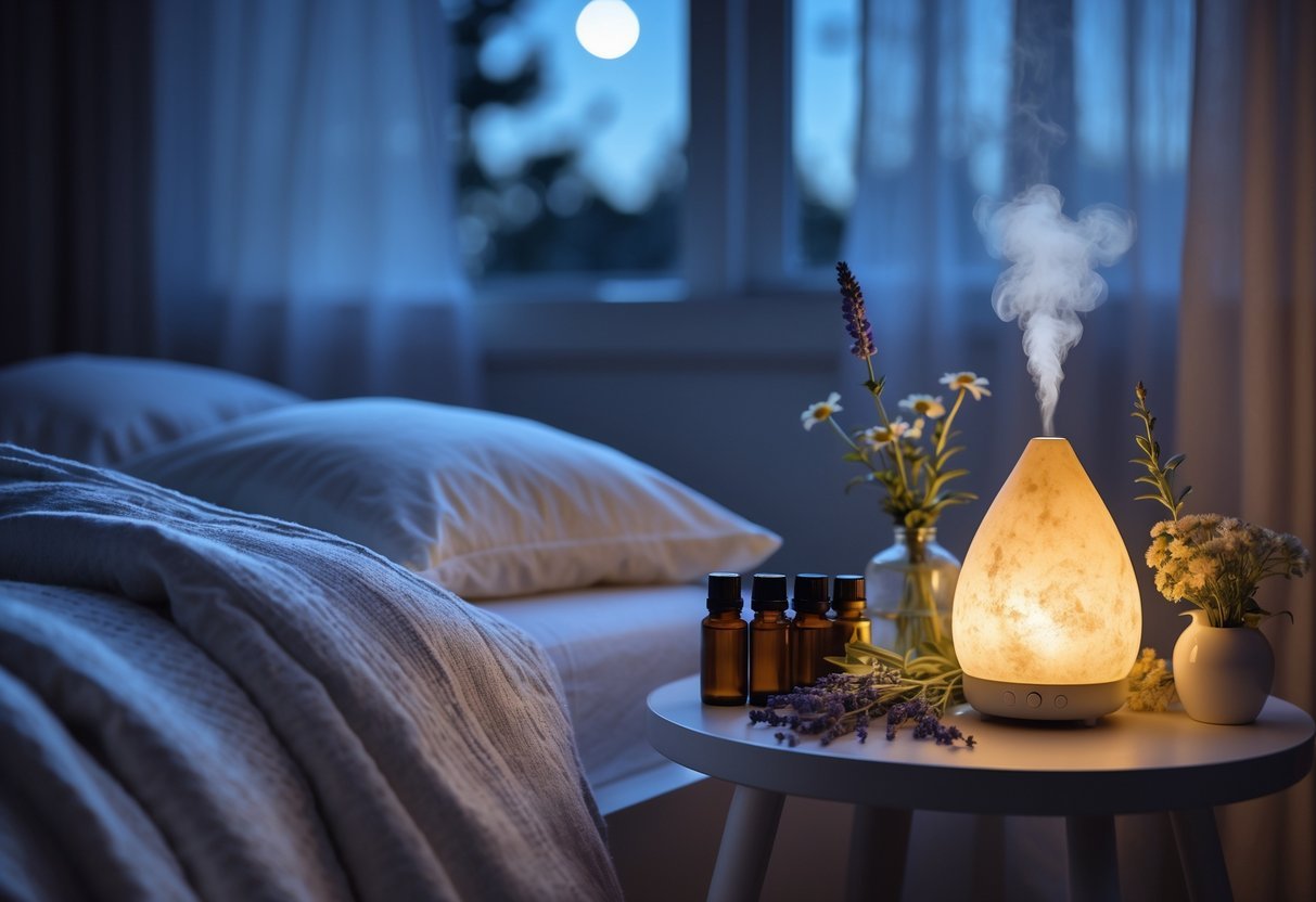A bedside table with essential oil bottles, lavender, chamomile, eucalyptus, a diffuser emitting mist, and a neatly made bed in a softly lit bedroom.