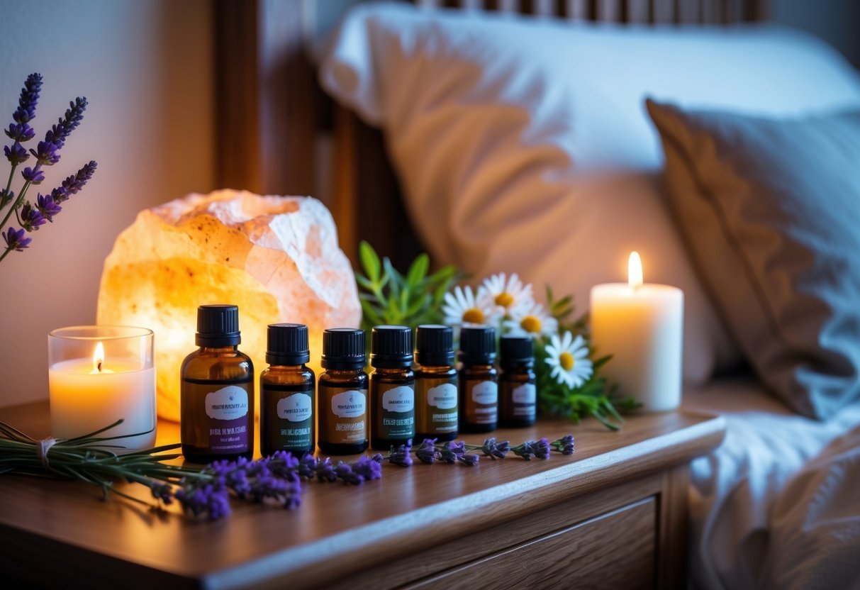 A bedside table with essential oil bottles, lavender, chamomile flowers, a glowing salt lamp, and a lit candle next to a cozy bed.