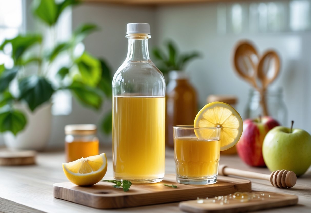 A kitchen countertop with a bottle of apple cider vinegar, a glass with diluted vinegar and lemon, fresh apples, and honey jar arranged together.