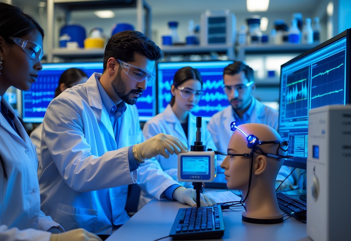 Scientists in a laboratory conducting research on blue light and sleep patterns using advanced equipment.