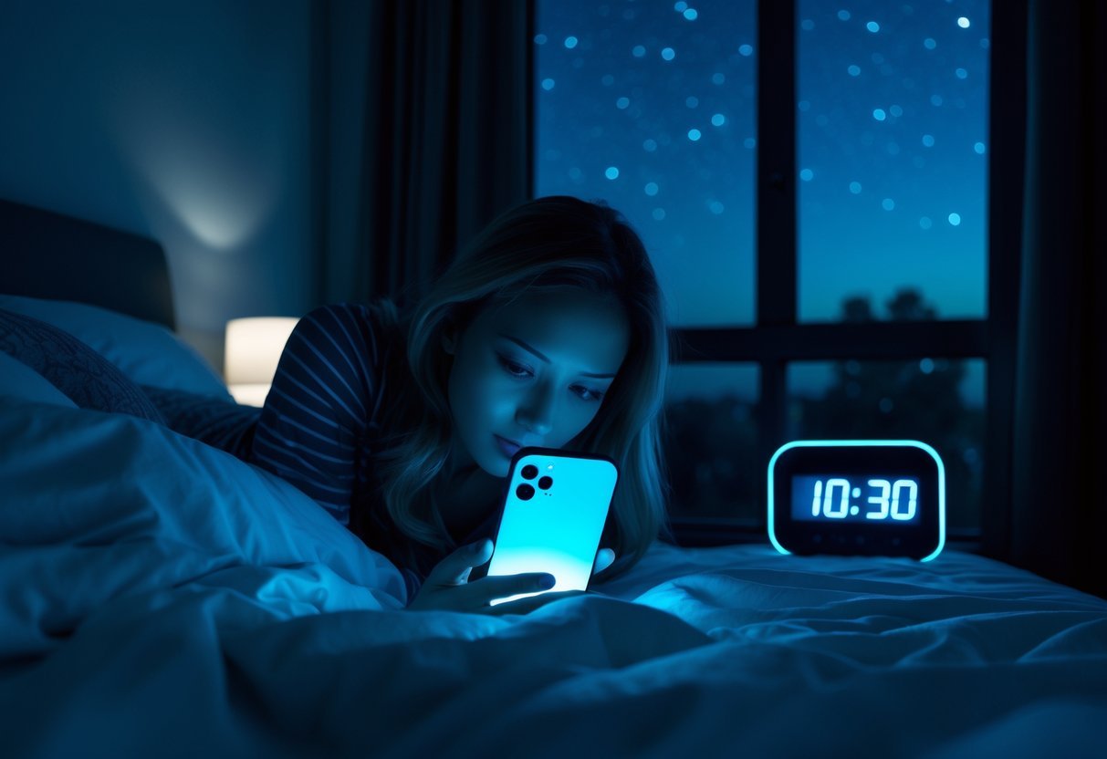 Person lying in bed at night looking at a smartphone emitting blue light in a dimly lit bedroom.