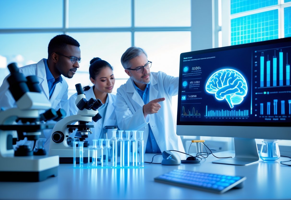 Scientists in a bright laboratory analyzing digital screens displaying blue light and sleep data, surrounded by lab equipment and soft blue lighting.