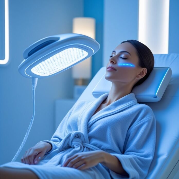 A woman getting blue light therapy