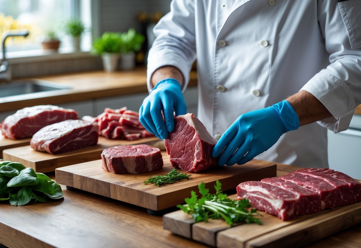 A person in a white coat examines raw meat on a wooden table in a bright kitchen with fresh ingredients nearby.