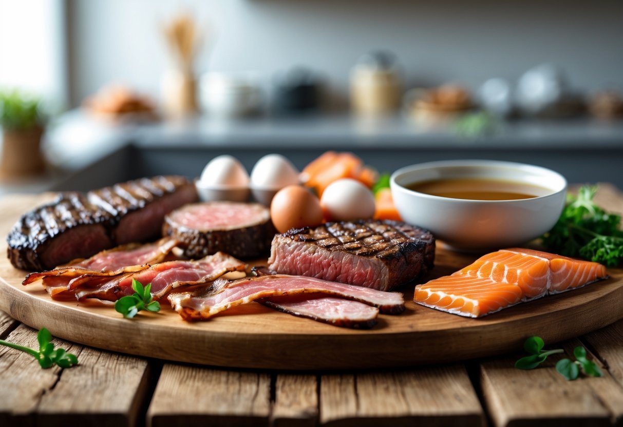 A wooden table with various cooked meats, eggs, and salmon arranged as part of a carnivore diet meal.