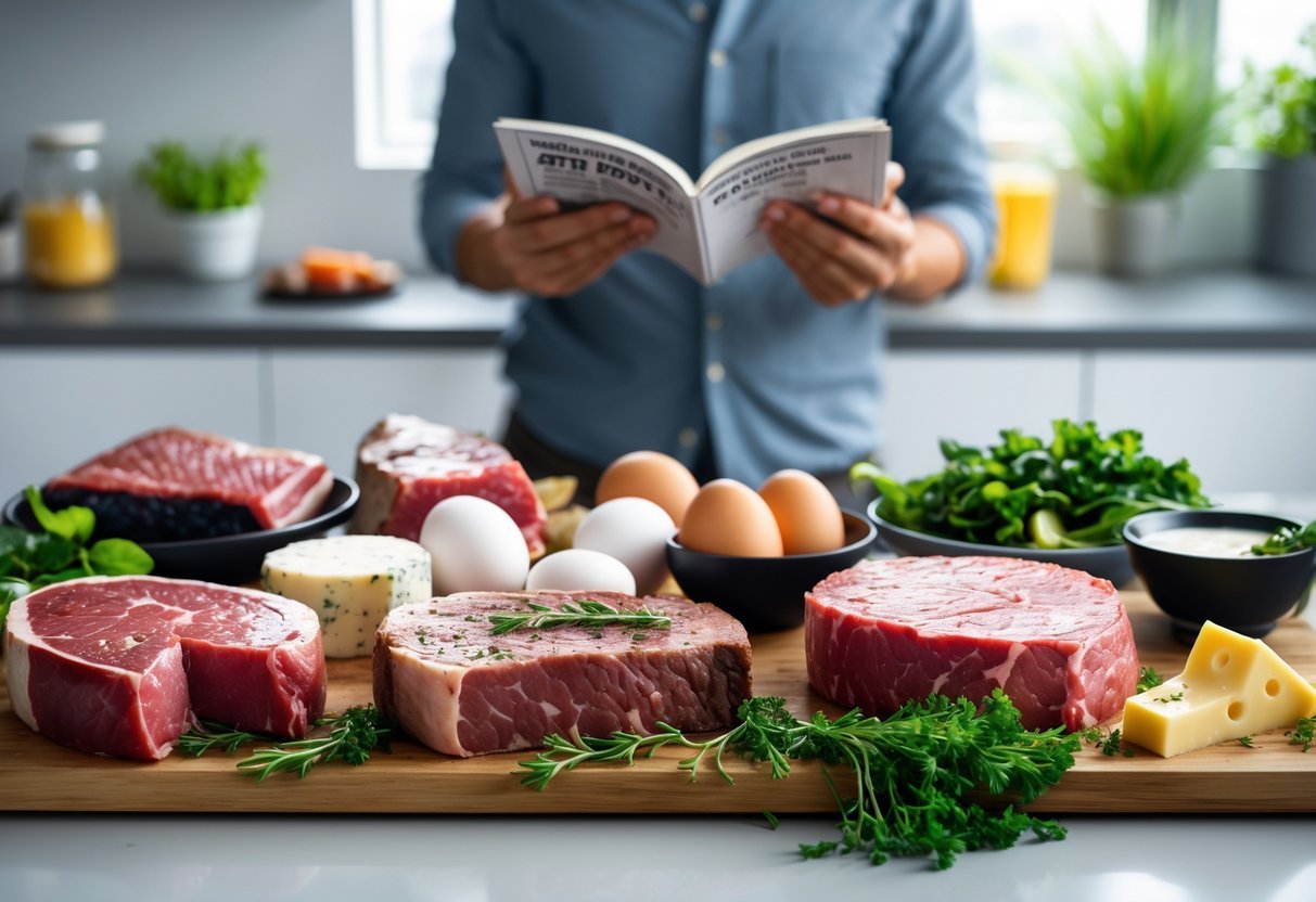 A person in a kitchen looking at a nutrition book with various animal-based foods like steak, fish, eggs, and cheese arranged on the counter.