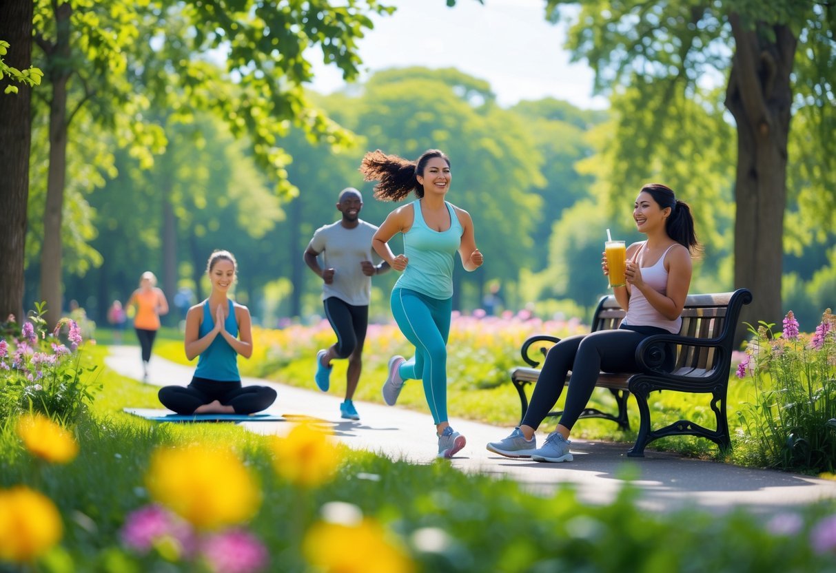 People outdoors in a sunny park doing yoga, jogging, and enjoying a smoothie surrounded by trees and flowers.
