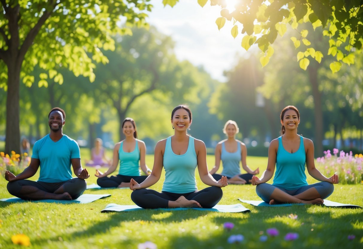People enjoying outdoor activities like yoga, meditation, and walking dogs in a sunny park surrounded by trees and flowers.