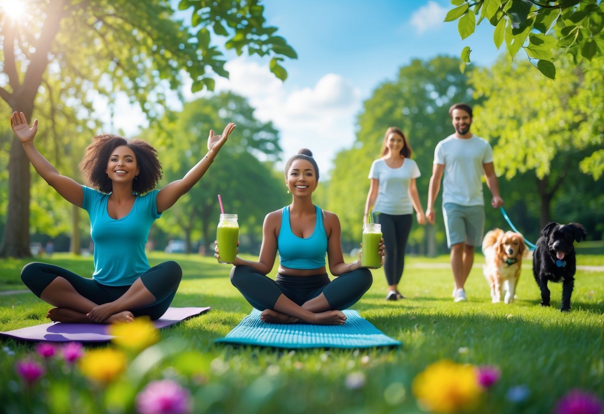 People enjoying outdoor activities in a sunny park, including yoga, walking a dog, and drinking a smoothie, surrounded by greenery and flowers.