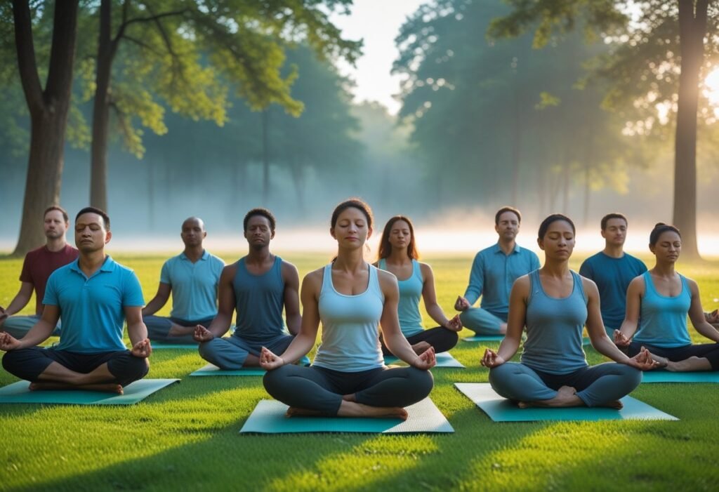 people meditating in park