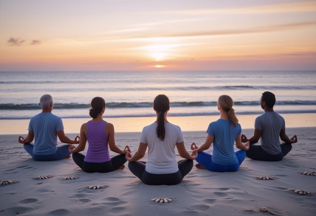 People meditating at beach