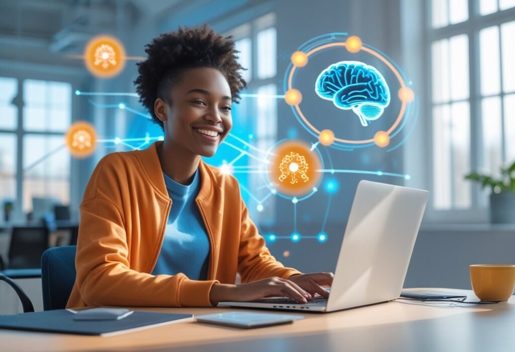 Woman with high dopamine working on laptop