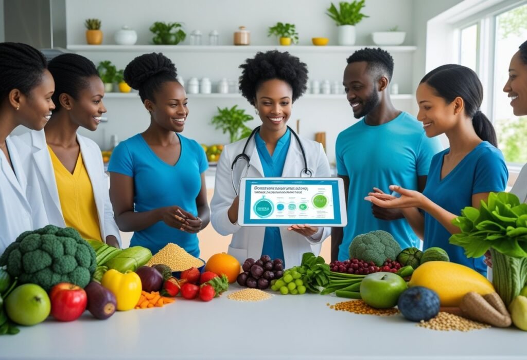 Group of health professionals discussing nutrition with fresh fruits and vegetables on a table, while a doctor displays a tablet with dietary health data.
